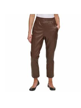 NEW DKNY Brown Vegan Leather Pull On Ankle Pants Size Medium